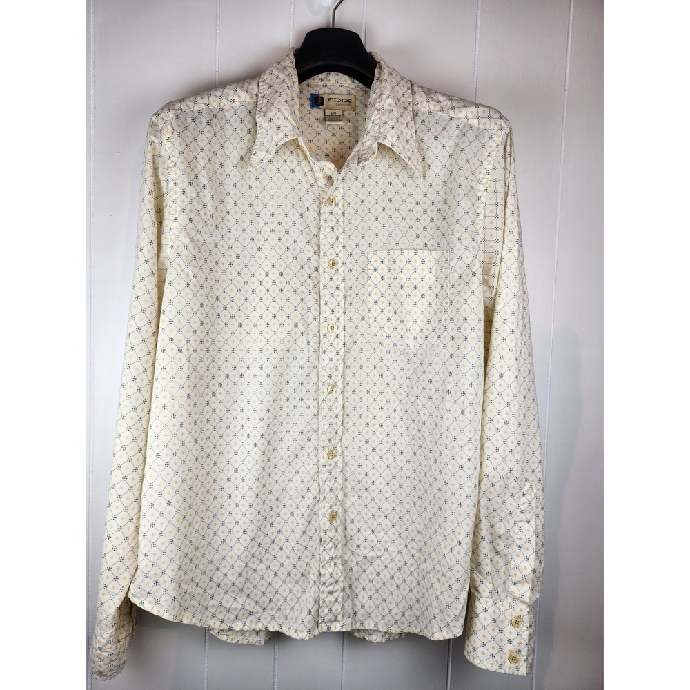 Vintage 70s Fink Clothing Mens Large Button Down Shirt Geometric Diamond Cream